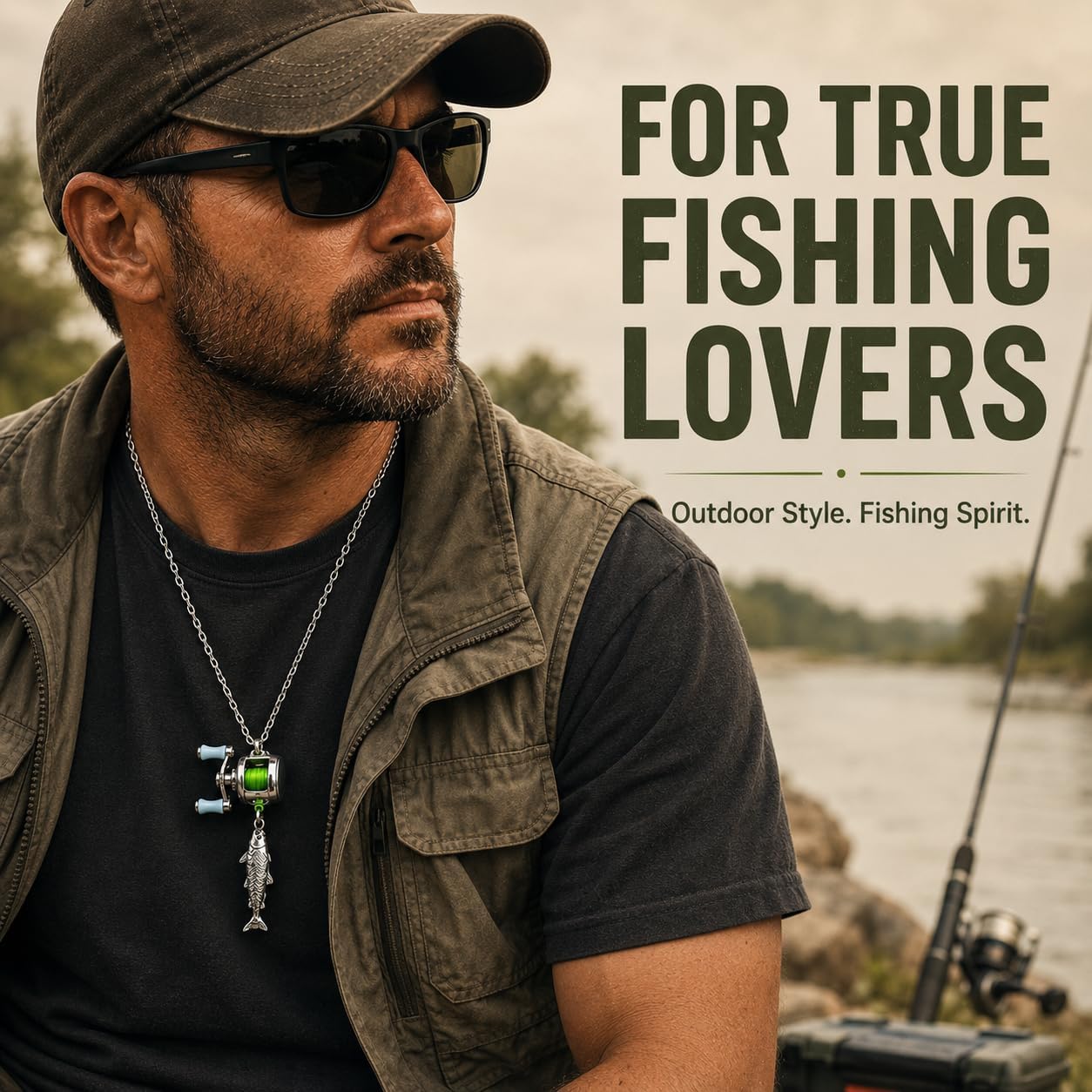 Fishing Reel Necklace for Men, 2 in 1 Pendant & Adjustable Ring Set | Fishing-Themed Jewelry, Gift Box Included, Unique Gift for Fishing Lovers