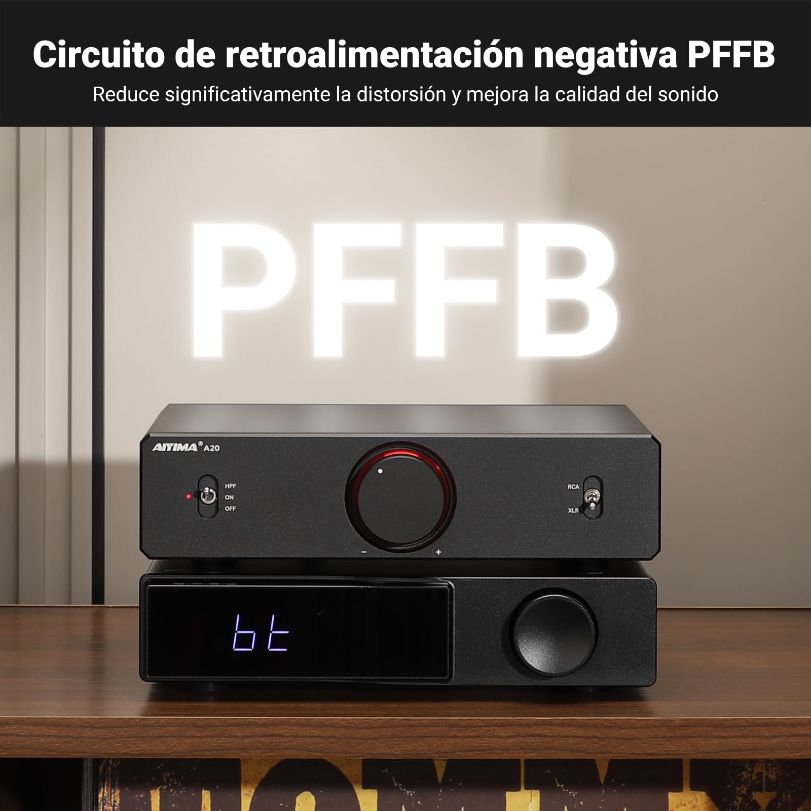 Amplificador estéreo balanceado AIYIMA A20 con Ajuste HPF Home HiFi 2.1 Amplificador de Clase D de Escritorio TPA3255 PFFB con Entrada RCA/XLR y Entrada de Disparo de 12 V para Altavoces pasivos