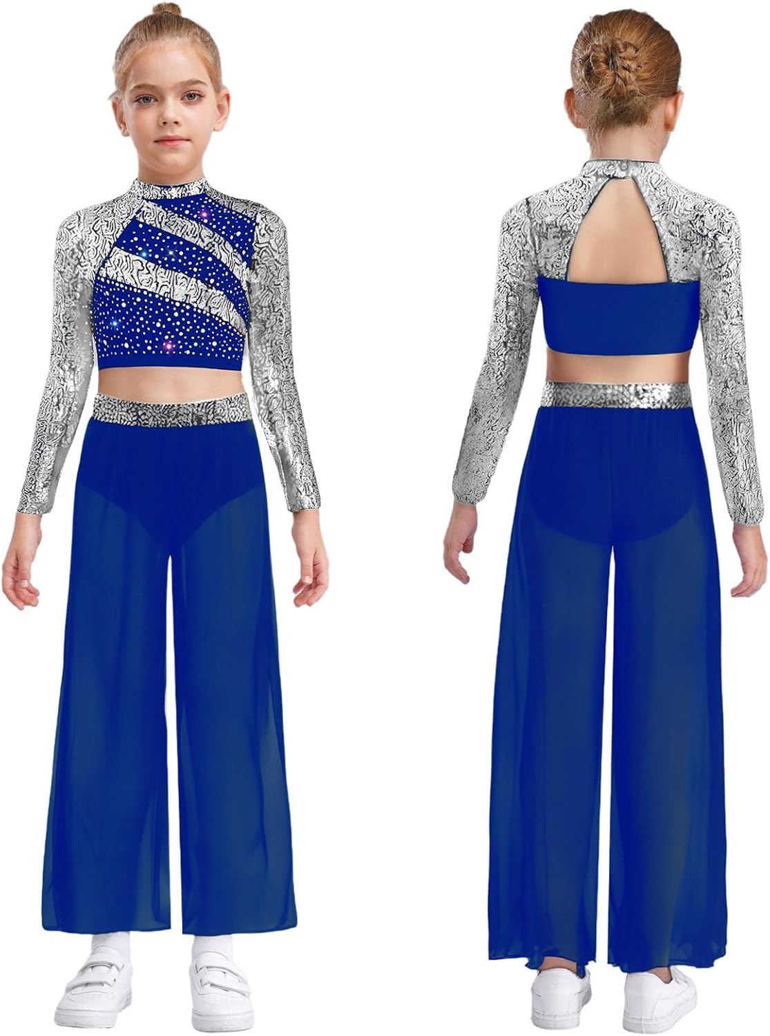 Kids Girls Lyrical Dance Wear Sequin Cutout Back Crop Top with Wide-leg Pants for Modern Dance Competitions Blue 16 Years