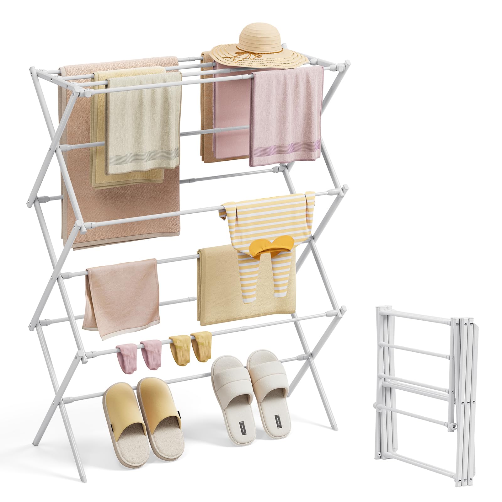 KINGBOARD Clothes Airer, Foldable Clothes Drying Rack with 11 Poles, 3-Tier Clothes Horse extensible, Laundry Drying Rack Indoor Outdoor, White