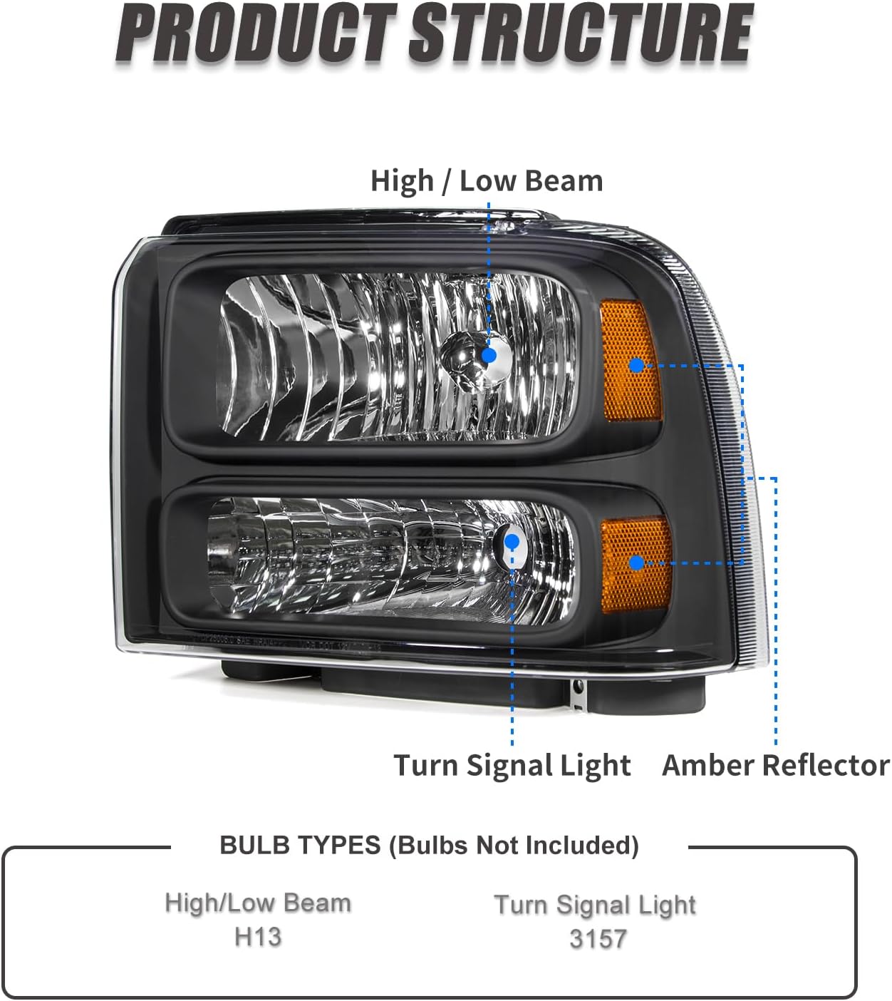 Headlight Assembly Compatible with 2005 2006 2007 Ford F250 F350 F450 F550 Super Duty /2005 Ford Excursion Black Housing Amber Reflector Driver and Passenger Side