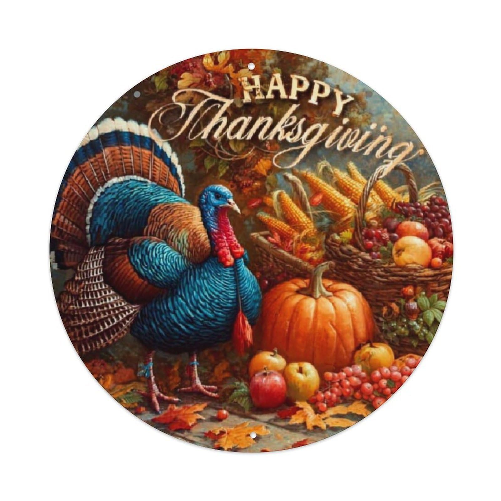 Happy Thanksgiving Turkey Harvest Autumn Vintage Round Tin Sign Retro Metal Wall Decor Metal Poster, Home Bar Garage Cafe Wall Art Decoration 8x8Inches