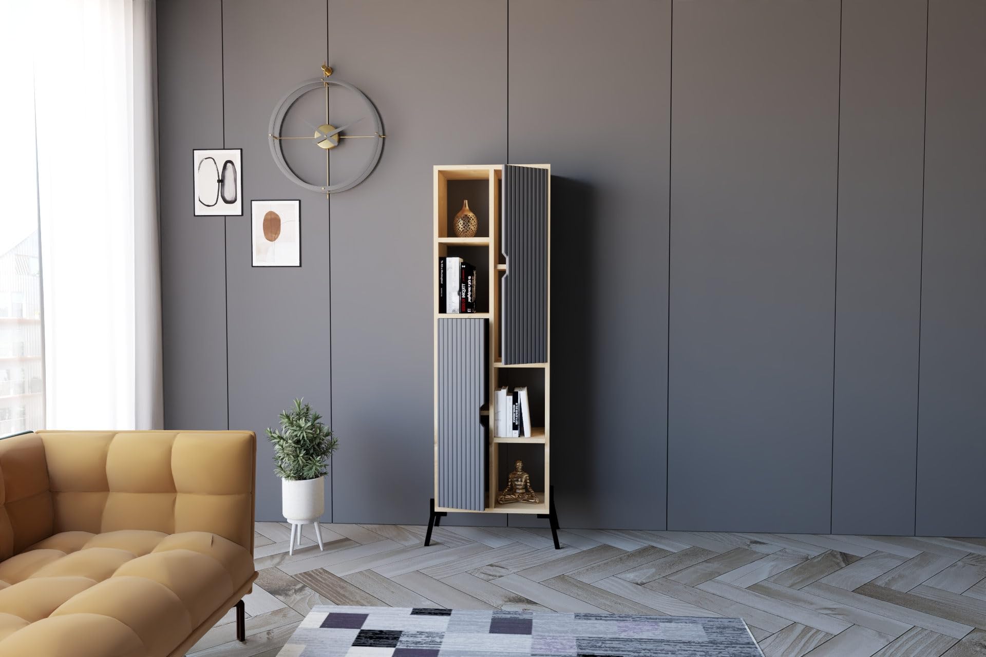 Hanah Home Bookshelf Industrial Bookshelf with Iron Legs, Sapphire Oak & Anthracite, 48,2 x 160 x 30 cm, 100% melamina rivestita, spessore 18 mm, elegante soluzione di storage per spazi moderni