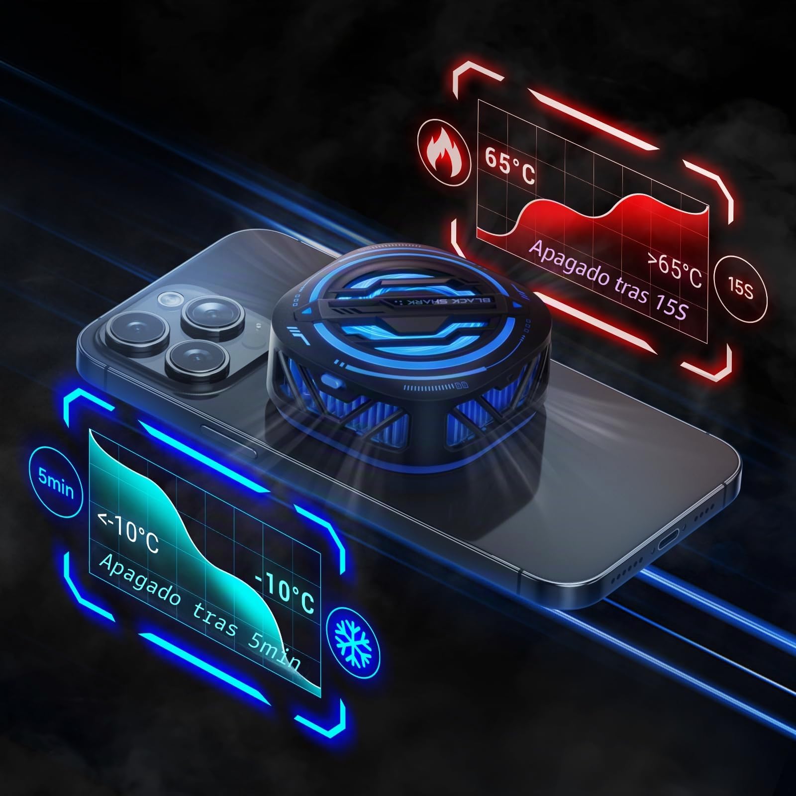 Black Shark Enfriador de teléfono divertido, radiador de teléfono celular con chip de refrigeración semiconductor para transmisión en vivo Tiktok de 2.75 a 3.35 pulgadas, vlog al aire libre, juegos