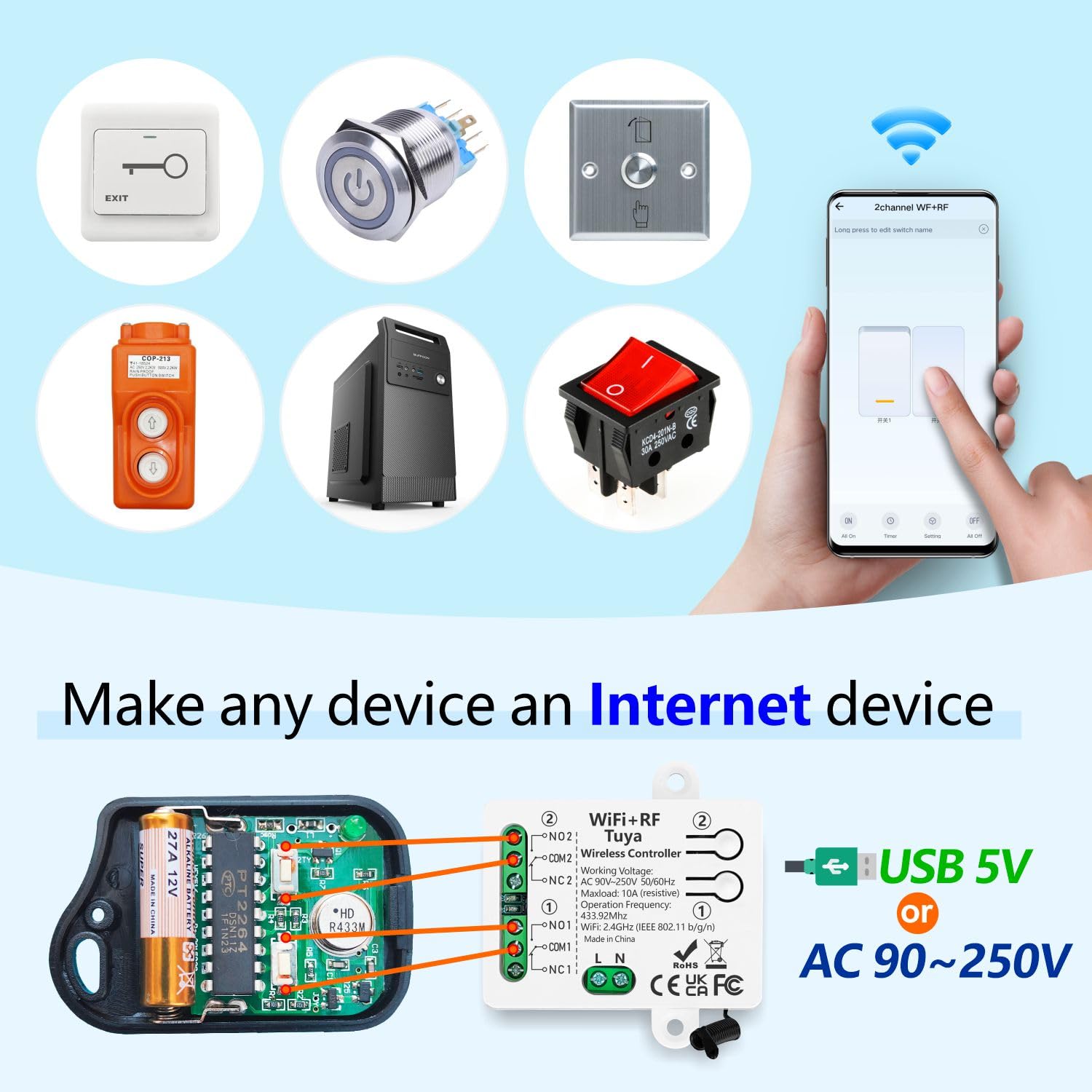 DieseRC Tuya Interruptor Inteligente WIFI de 2 Canales, Módulo Relé de Salida Pasiva AC 90V-250V 220V, con 2x Mando a Distancia RF, Compatible con Alexa/Google Home