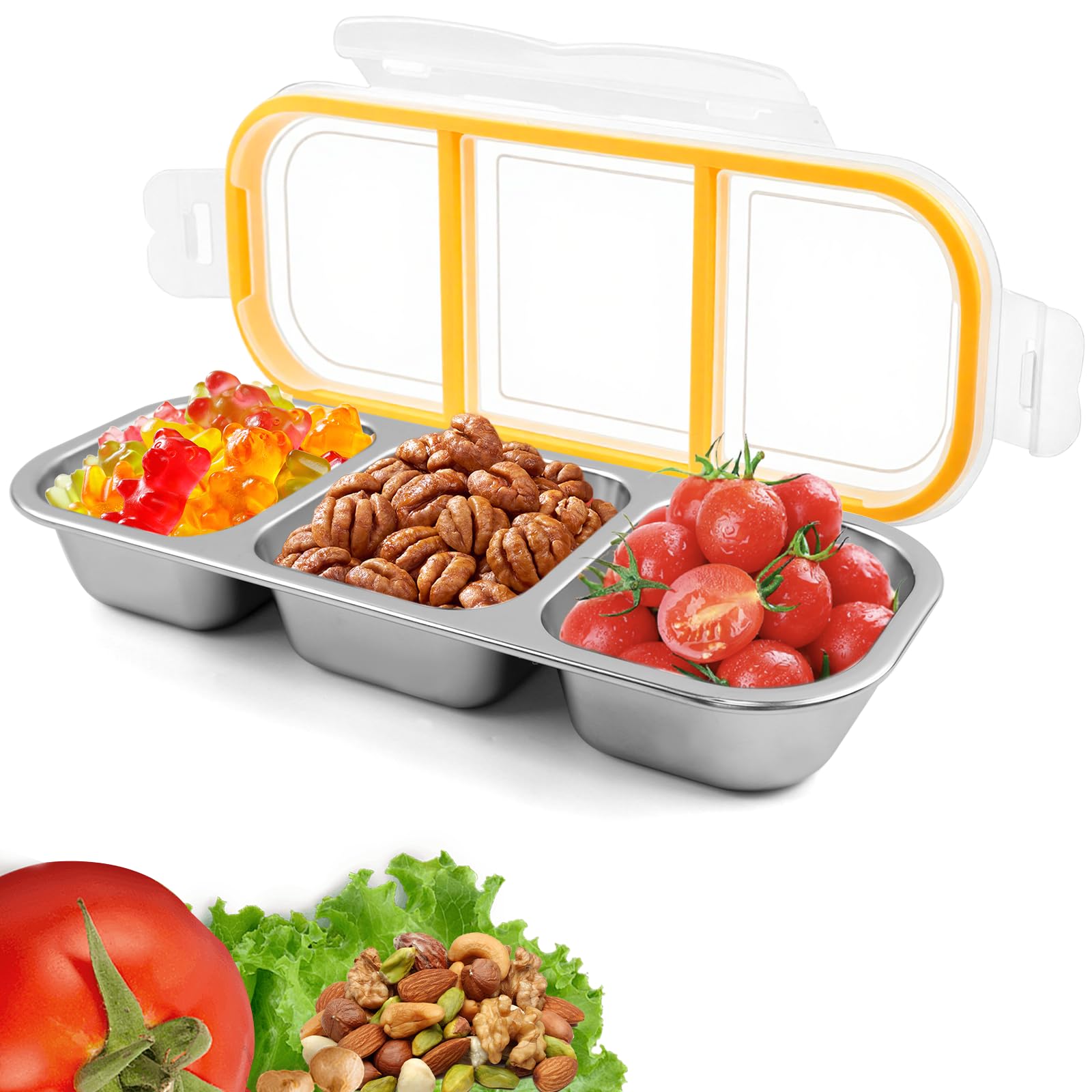 Morofme Snack Box with Compartments, Stainless Steel Snack Boxes with Lid, 3 Compartments Bento Lunch Box, Dustproof, Leak-Proof Bento Box, Metal Lunch Box for Lunch Dips Nuts Fruits, for School Work