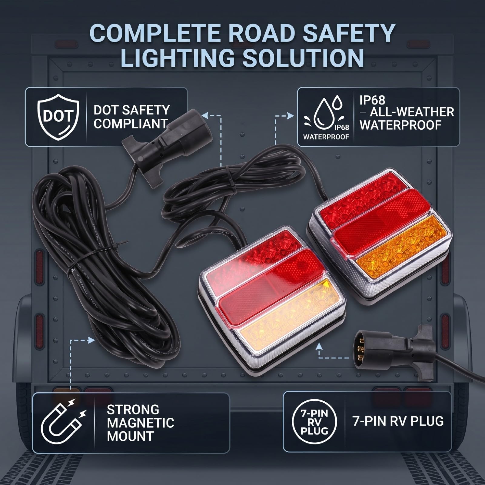 aqxreight Zestaw Magnetycznych świateł LED do Holowania Przyczepy, Kabel 24FT, 7-pinowa Wtyczka