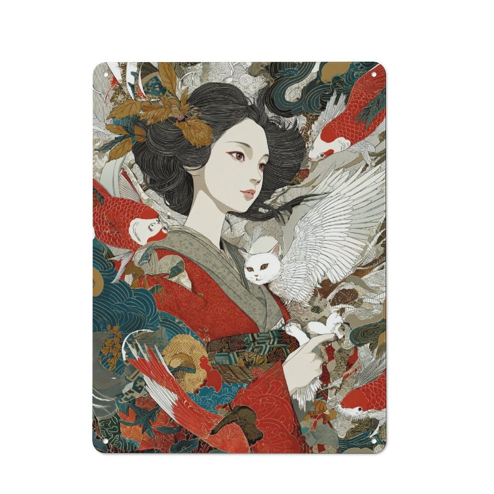 Junmoney Koi And Cat Harmony Rustic Metal Wall Sign 40X30cm For Home Office Or Studio, For Garage, Workshop And Man Cave Decoration