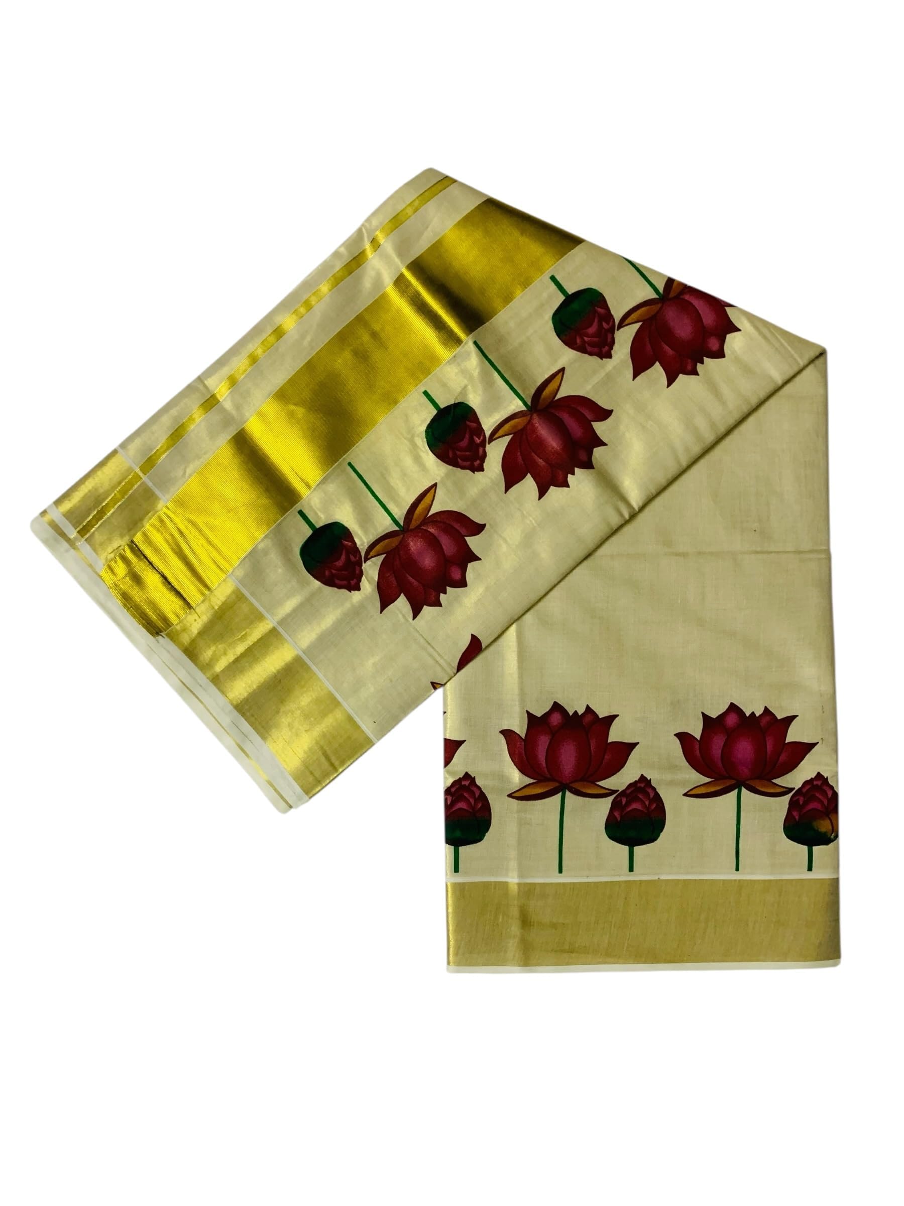 Women's Kuthampully Kerala Kasavu Saree Golden Tissue Mural Painted with Running Blouse - Multi color KTM-630-image-22