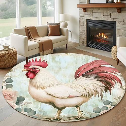 7ft Round Rug, Retro Rooster Non-Skid Rubber Backing Large Area Rugs - Living Room Bedroom Home Office, Watercolor Animals Spring Eucalyptus Leaves