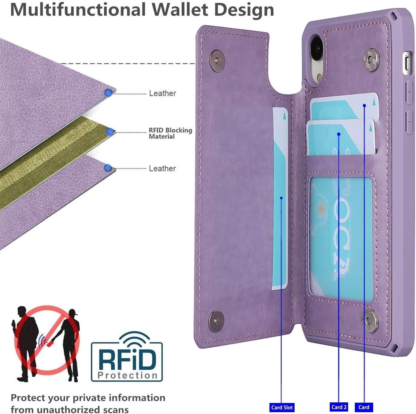 iCoverCase for iPhone XR Wallet Case with Card Slots Holder and Wrist Strap [RFID Blocking] Embossed Leather Kickstand Magnetic Clasp Shockproof Cover for iPhone XR 6.1 Inch (Heart Purple)