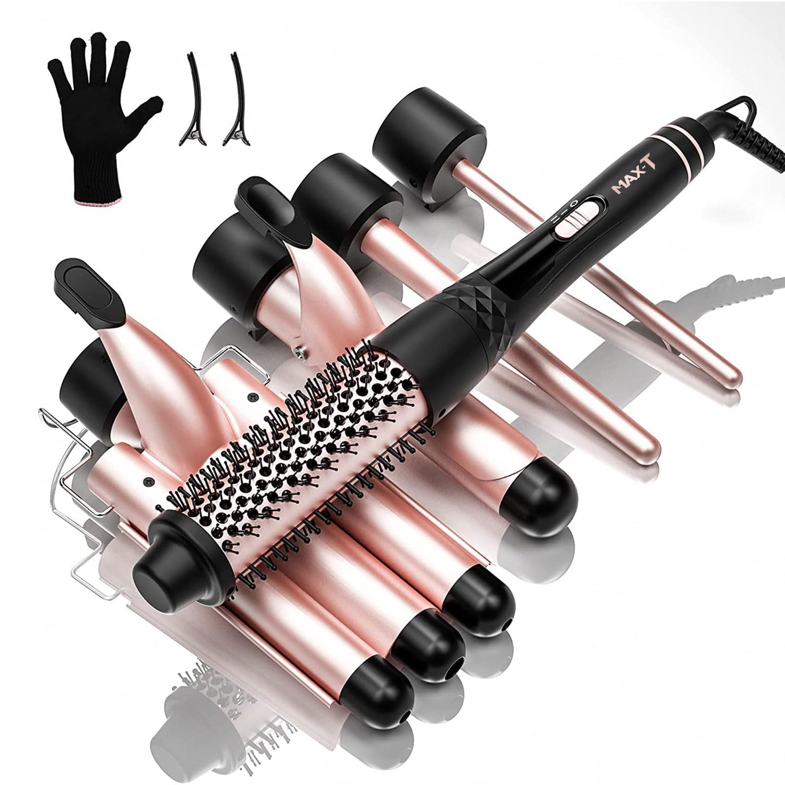Lockenstäbe Set 5 in 1, MAX-T Lockenstab mit 3 Fässer und Multifunktion Thermal Brush, mit Verschiedenen Aufsätzen 9-38mm, PTC-Schnellheizung Temperaturregelung und Schutzhandschuhen