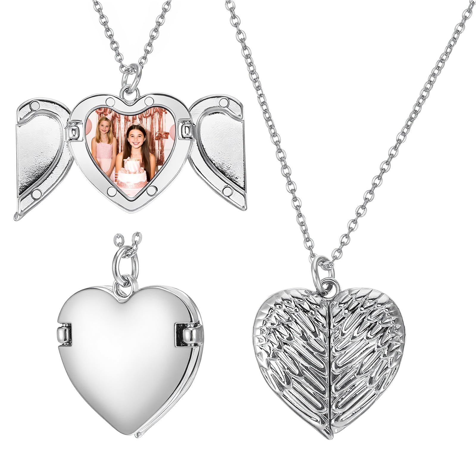 Locket Necklace with Picture Inside, Silver Angel Wings Necklace, Personalized Memorial Gifts Custom Photo Jewelry for Loved Ones, Birthday Valentine's Day Keepsake