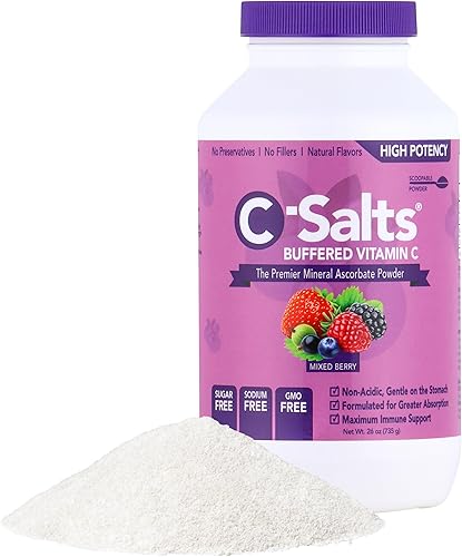 C-Salts Polvo de vitamina C tamponada, bayas mixtas, suplemento de ascorbato de alta dosis, apoyo inmunológico las 24 horas más electrolitos