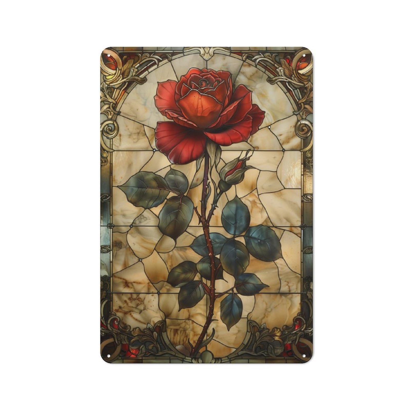 Junmoney Stained Glass Red Rose Rustic Metal Sign 30X20cm For Lounge Or Reading Corner, For Reading Corner Decorators