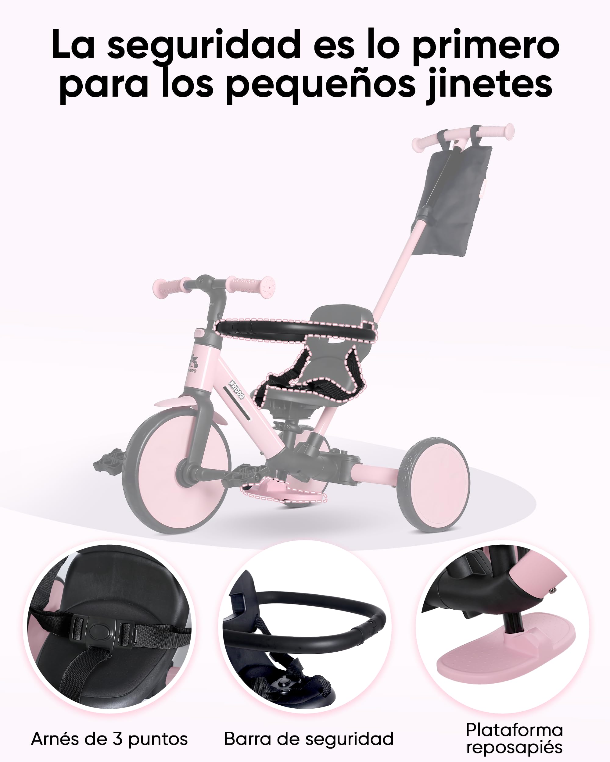 KRIDDO Triciclo Evolutivo 7 en 1 para Niños de 18 Meses a 5 Años – con Barra de Empuje, Triciclo y Bicicleta con o sin Pedales, Arnés de 3 Puntos, Bolsa de Almacenamiento, Rosa