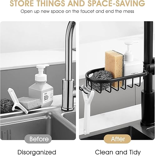 Miniatura 4 de Soporte de esponja para grifo delgado de cocina, soporte para fregadero de lavandería, estante desmontable ajustable para grifo, estante de aluminio