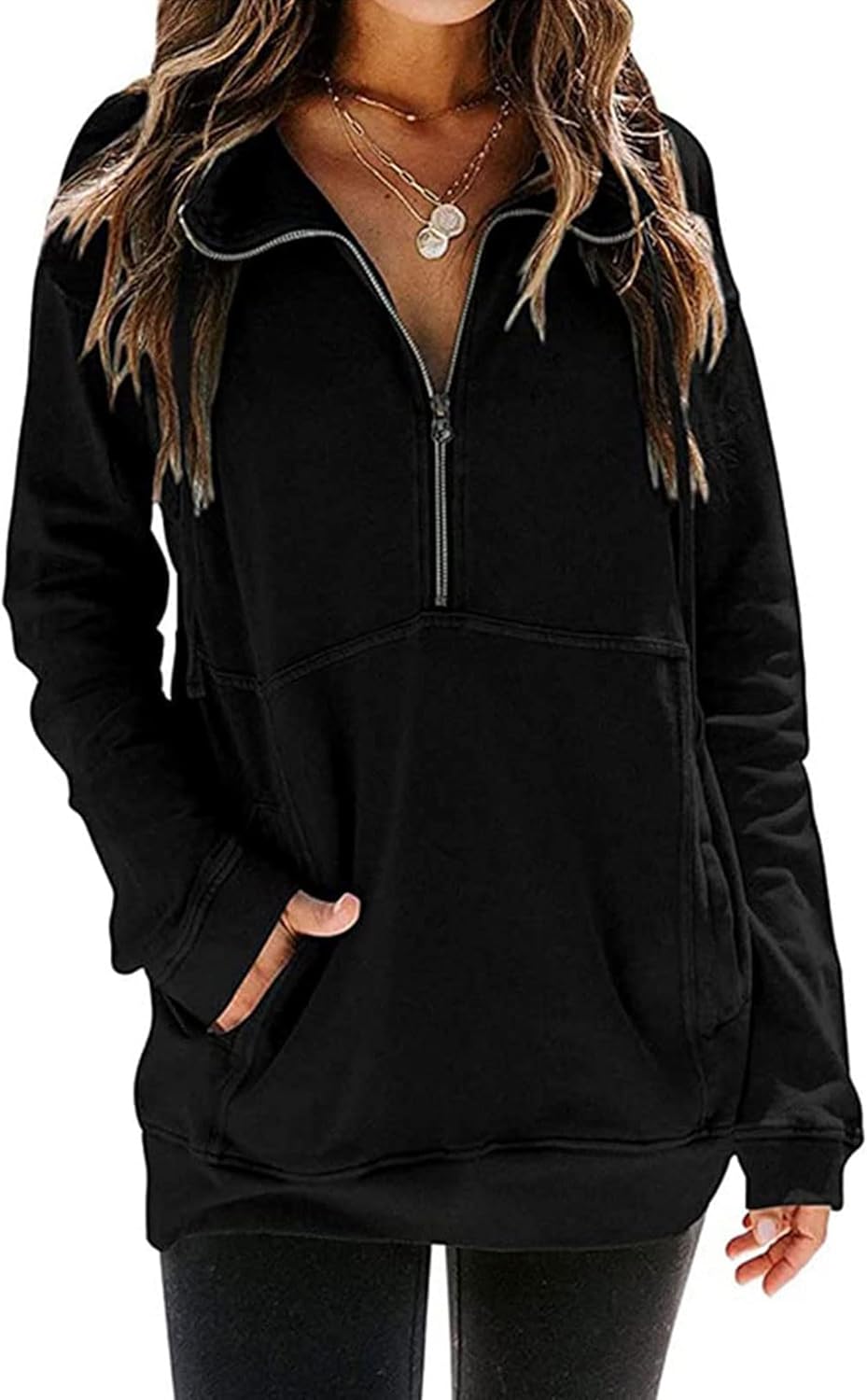 Ladmous Women’s Casual Long Sleeve Half Zip Sweatshirt Lapel Drawstring Oversized Pullover Tops with Pockets (S-2XL)