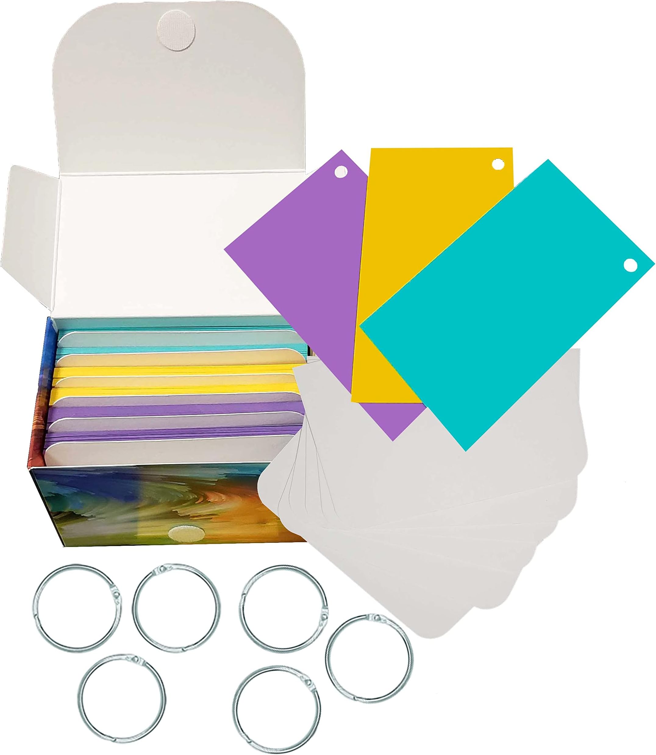 Debra Dale Designs - 3" X 5" Inch Cards - Premium Smooth Extra Heavy 100# Card Stock - 50 Each Of Three Astrobright Colors (Blue, Yellow, Purple) - Single Hole Punched With 6 Rings - Packaged In 50's