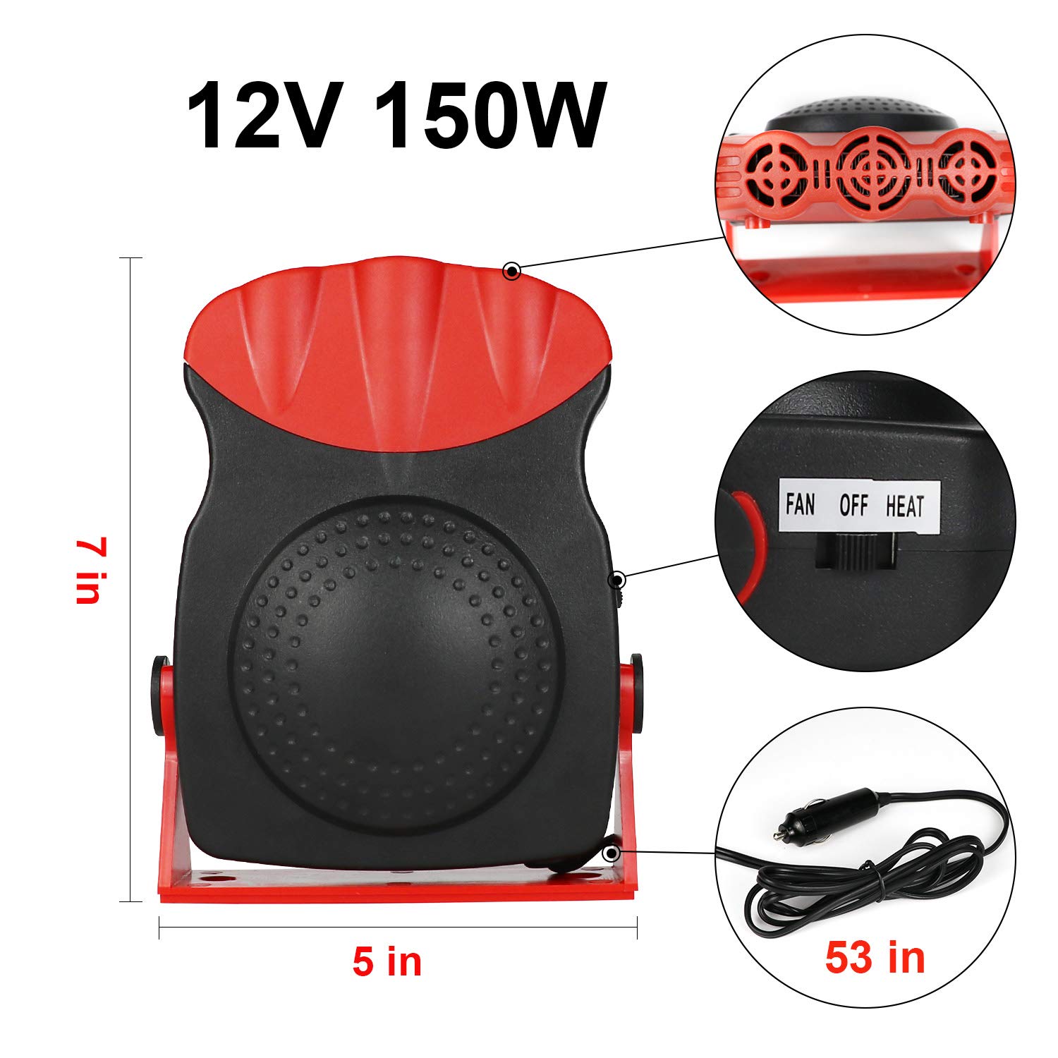 Portable Car Heater Defroster Defogger Demister 12V 150W Auto Ceramic 30 Seconds Fast Quickly Heating with 3 Outlets for Car Vehicle