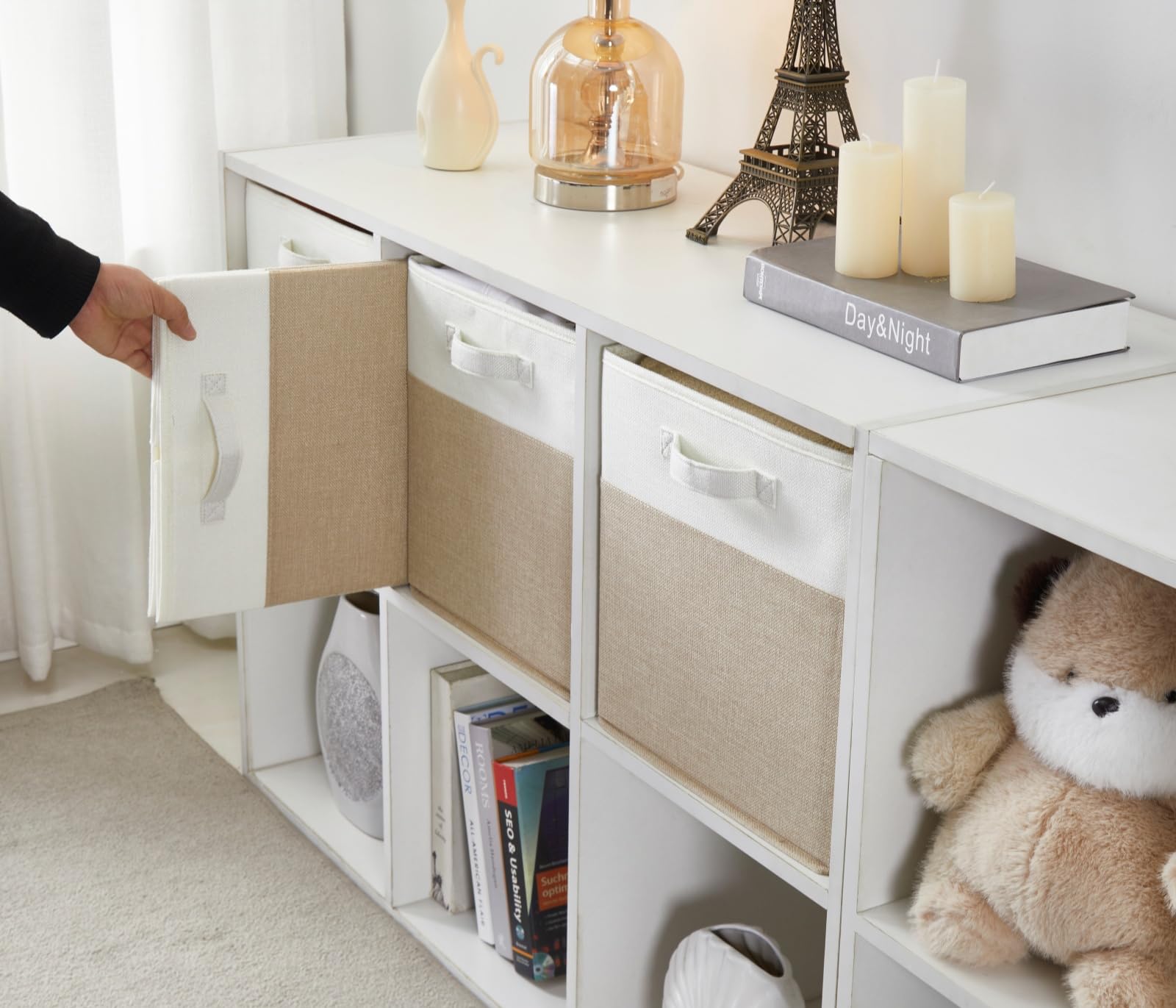 Cube de Rangement Tissu 33x38x33cm, Panier Cube de Rangement, Boite rangement (Blanc kaki clair, Lot de 4)