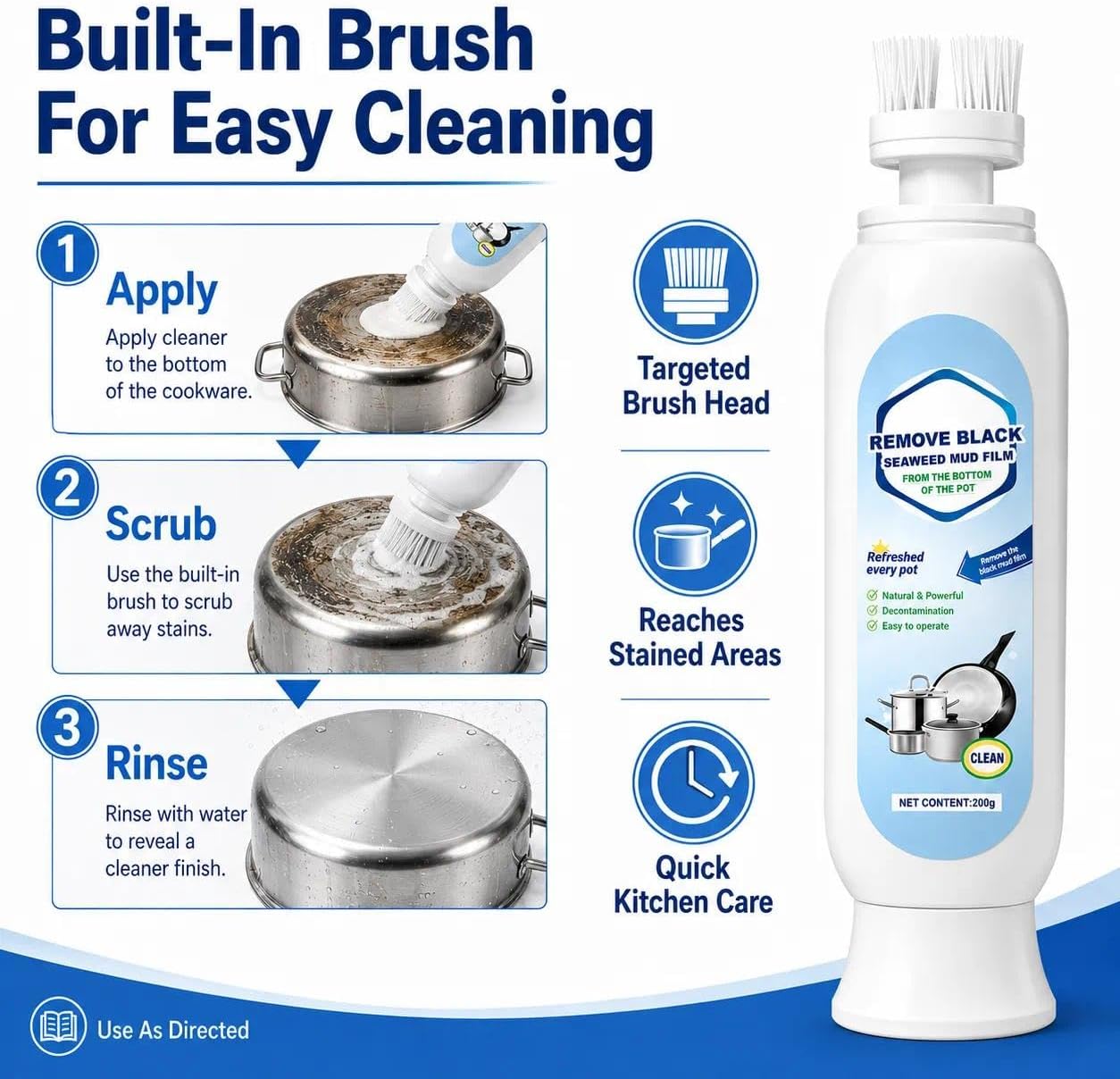 Remove Black Seaweed Mud Film For Pots, Pot Bottom Cleaner Mud Film for Burnt Marks, Grease Buildup and Polishing, Pans, Stainless Steel Cookware and Kitchen Cleaning(1)