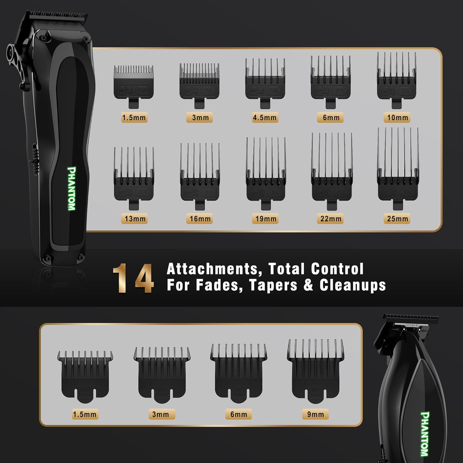Phantom Professional Hair Clippers for Men, Cordless Barber Clippers & Trimmer Set with Magnetic Levitation Motor, 8000-13000 RPM DLC Blades for Fades, Blends & Line Ups, Gifts for Men (Black)