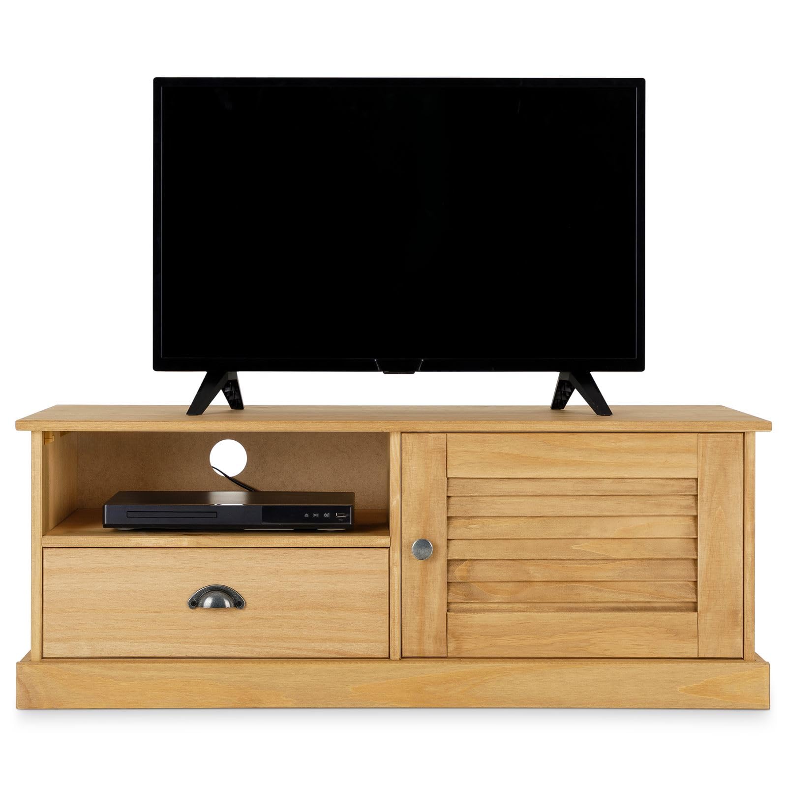 IDIMEX Meuble TV Veneta L 106 cm en Bois Massif Coloris Naturel avec 1 Porte battante et 1 tiroir, Rangement optimisé, Ouverture pour câbles, Design Robuste et élégant, Meuble de Salon Fonctionnel