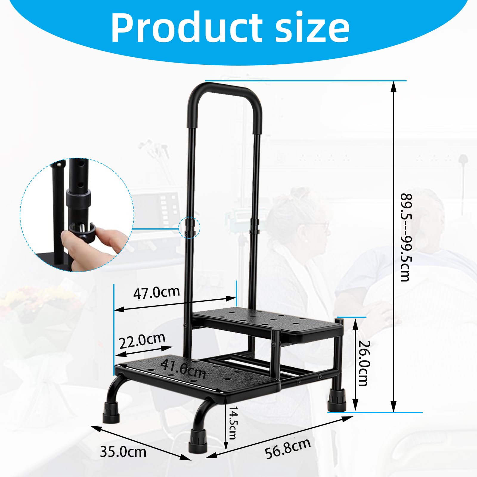 Sgabello con Gradino con Maniglia, Corrimano regolabile e Pedana Antiscivolo, Sgabello a 2 gradini per adulti, anziani, Scaletta a Gradini per comodino, cucina, auto, vasca da bagno,fino a 160KG