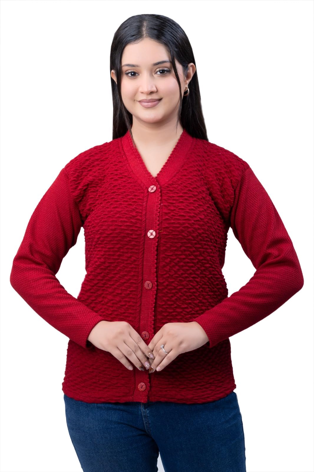 woolvella Women Stylish Cardigan Sweater V Neck Long Sleeves Women Sweater Cardigan (Red)-picture-10