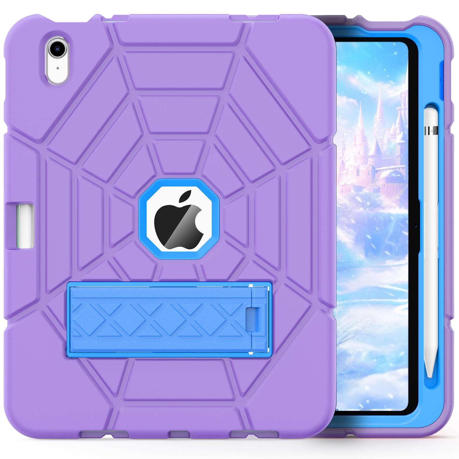 Grifobes Case for iPad 11-inch (A16) 2025 / iPad 10th Generation 2022 10.9 inch, Heavy Duty Shockproof Rugged 11th / 10 Gen Cover with Pencil Holder & Stand (Purple+Blue)