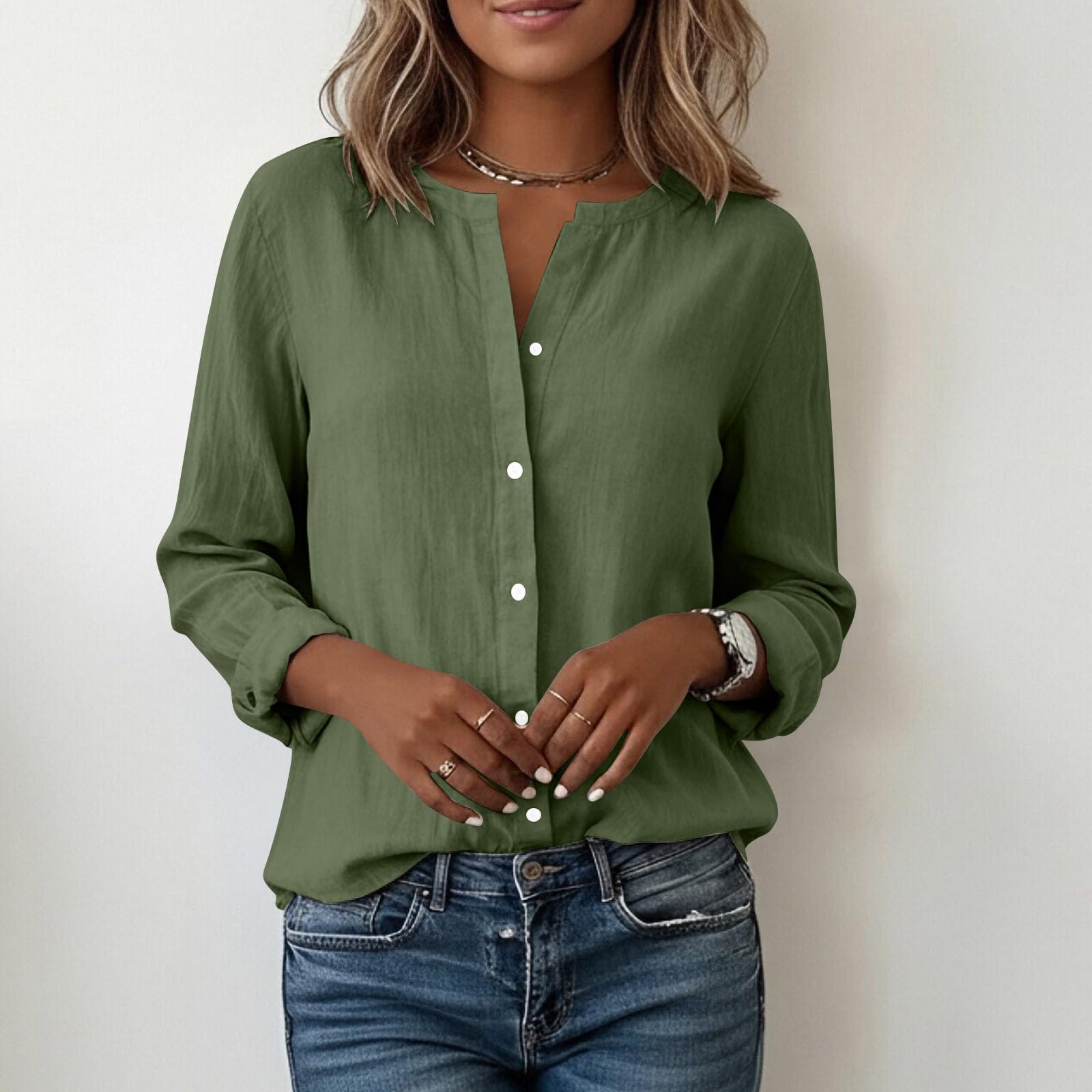 Chemise Femme Coton et Lin Manches Longues Col en V Boutonnée Couleur Unie - Chemisier Décontracté Chic Élégant Respirant Été - Blouse Femme Grande Taille pour Travail Quotidien