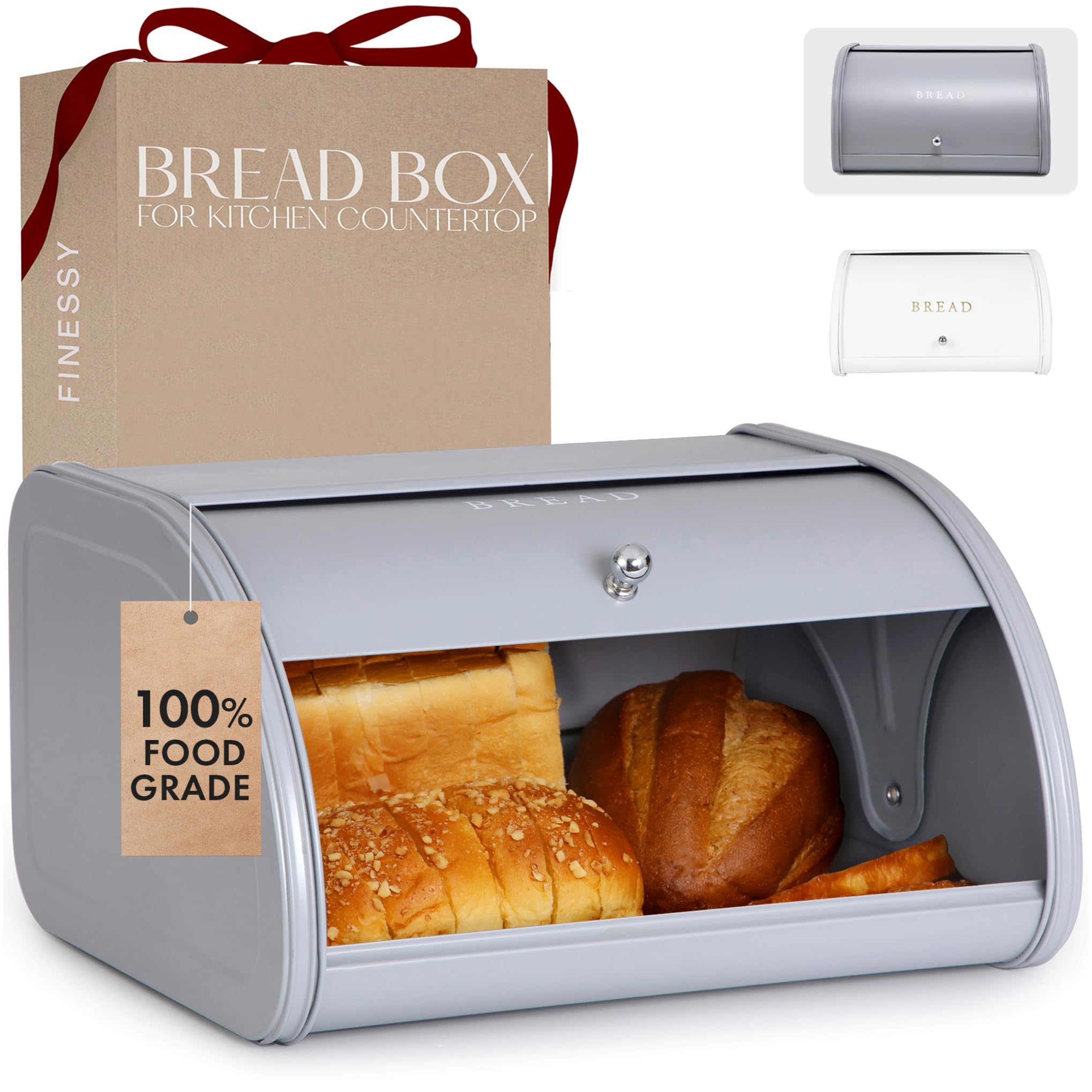FINESSY Modern Metal Bread Box for Kitchen Countertop, Farmhouse Homemade Loaf Bread Storage Bin Holder for Kitchen Counters Organizer, Airtight Roll Top Sourdough Corner Breadbox Container Keeper