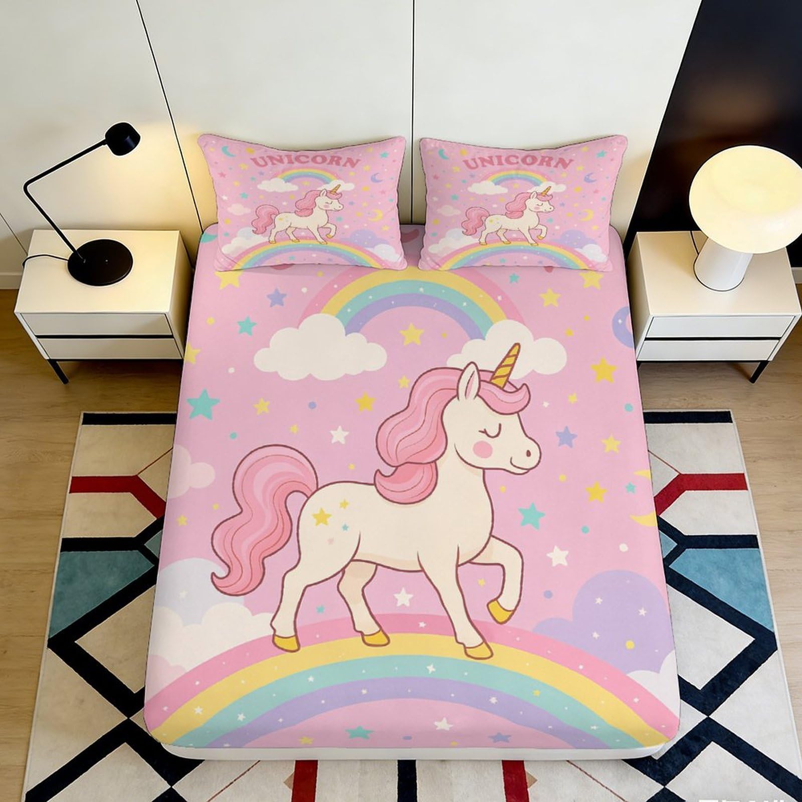 3D Printed Rainbow Unicorn Fitted Sheet Deep Pocket Microfiber Mattress Fitted Cover Non-Slip Wrap for Bedroom Bedding 140x200x25cm