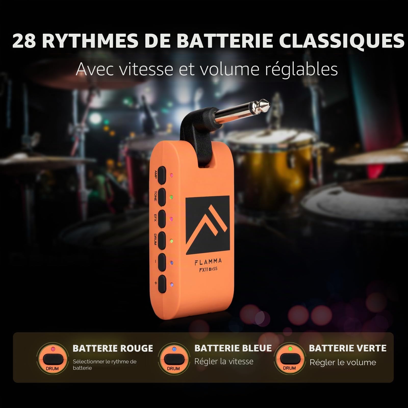 FLAMMA FX11 Amplificateur Casque Basse Portable - 28 Rythmes de Batterie, 7 Modes d'Ampli, 7 Effets Intégrés, 5 Couleurs Sonores - Bluetooth, USB, Enregistrement et Lecture Audio, OTG, Rechargeable‌