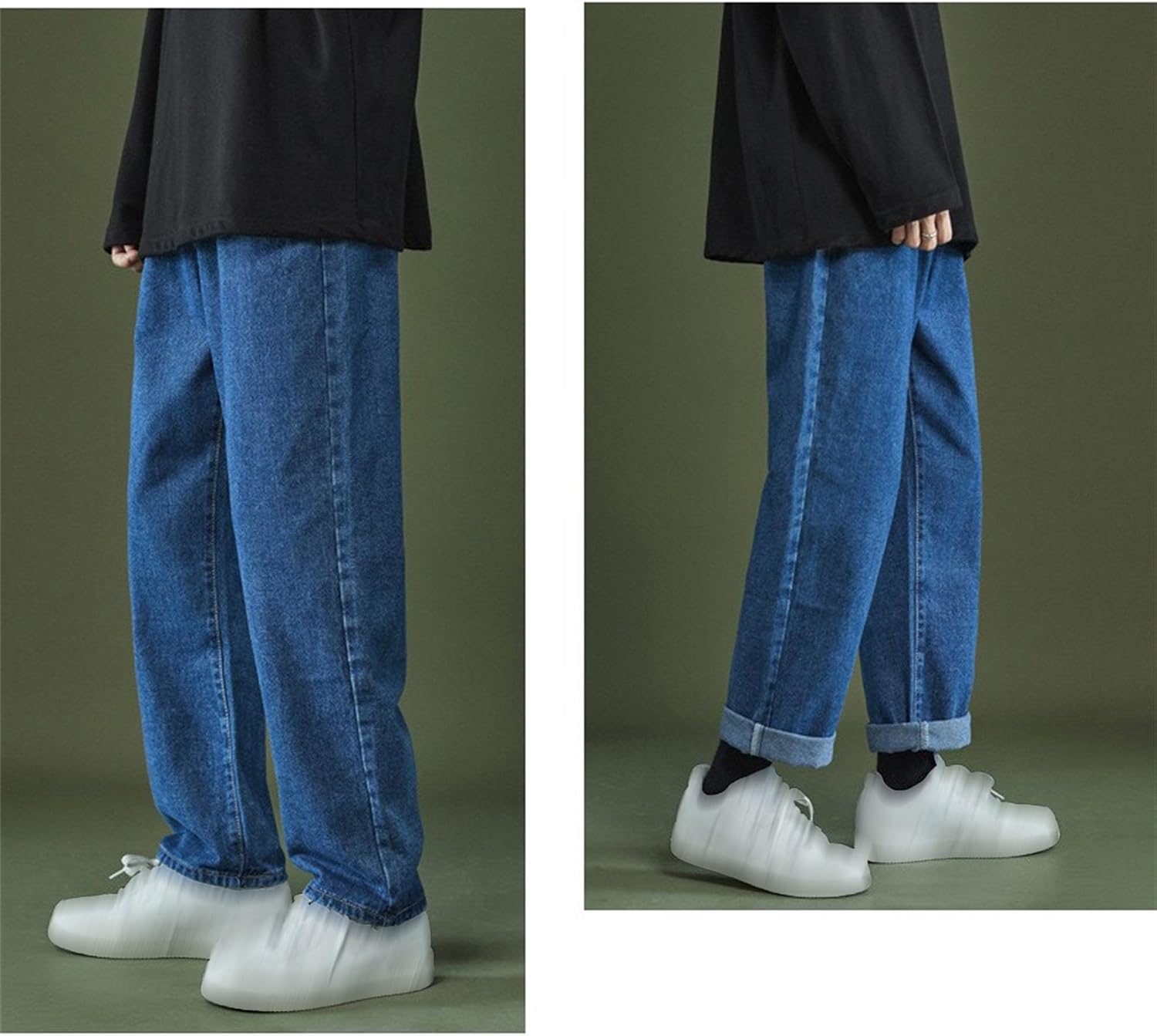 DGHM-JLMY Men's Daily Mid Waisted Baggy Solid Jeans Wide Leg Denim Pants with Zipper Casual Loose Hip Hop Denim Pants