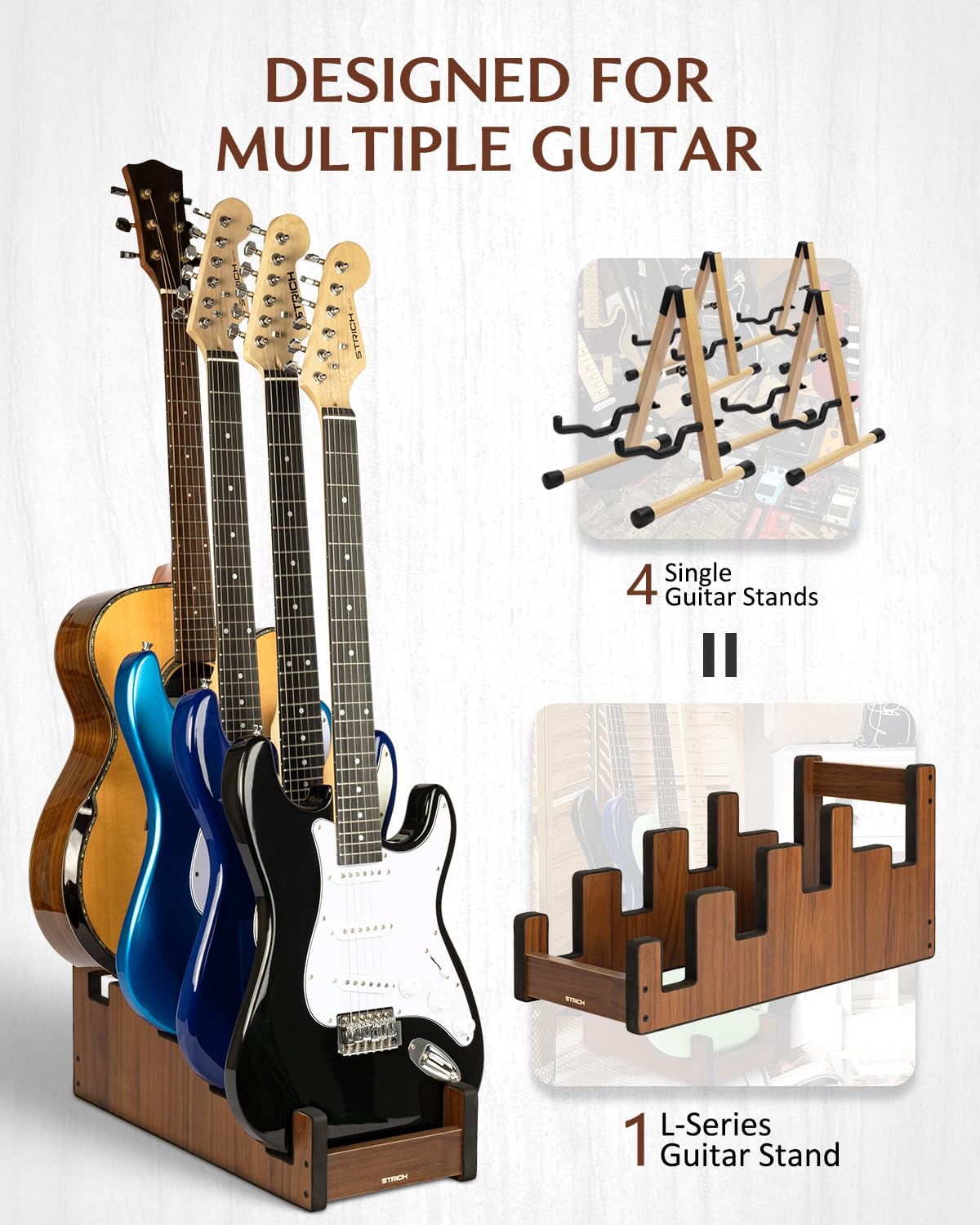 STRICH Support De Guitare En Bois Pour Plusieurs Guitares, Couleur Noyer, L-3E1AW (Pour 3 Guitares Électriques + 1 Guitare Acoustique)