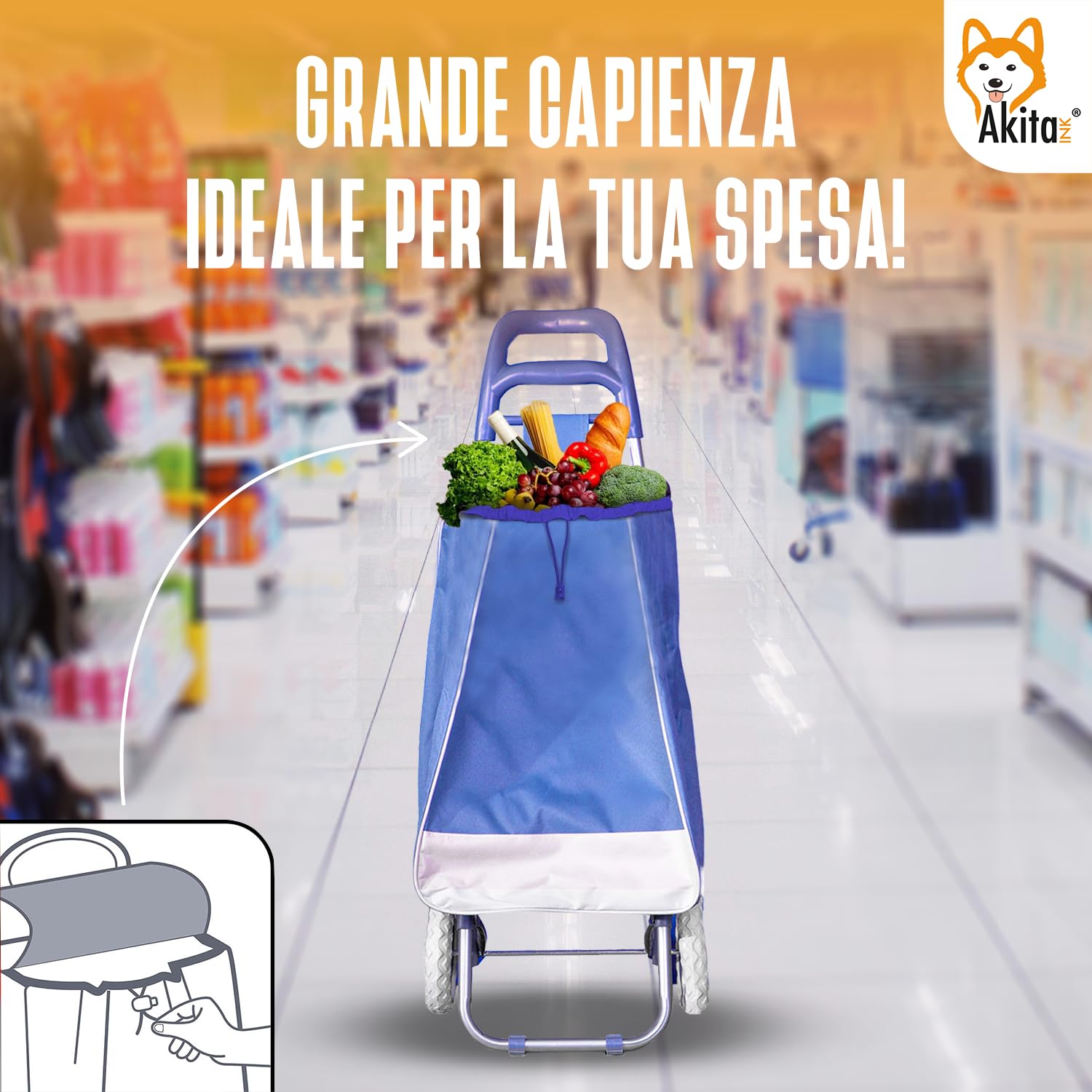Akitaink Carrello Portaspesa leggero 42L, Design Italiano, 1.5 kg, Tasca con Zip, Antipioggia, Trolley porta spesa leggero impermeabile 95x35x28 cm