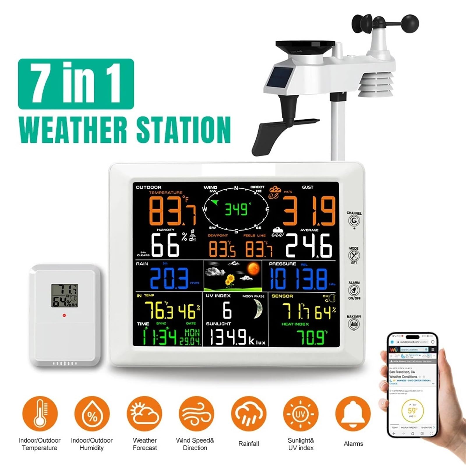 Stazione Meteorologica, Stazione Meteorologica Wi-Fi 7 In 1 Con Display A Colori E Sensore Esterno