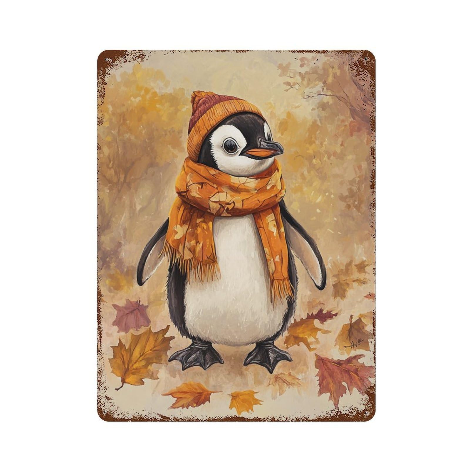 Rusty Metal Tin Sign with Autumn Penguin with Hat And Scarf Design 15.7"x11.8", for Farmhouse, Kitchen And Entryway Decor, Classic Wall Plaque