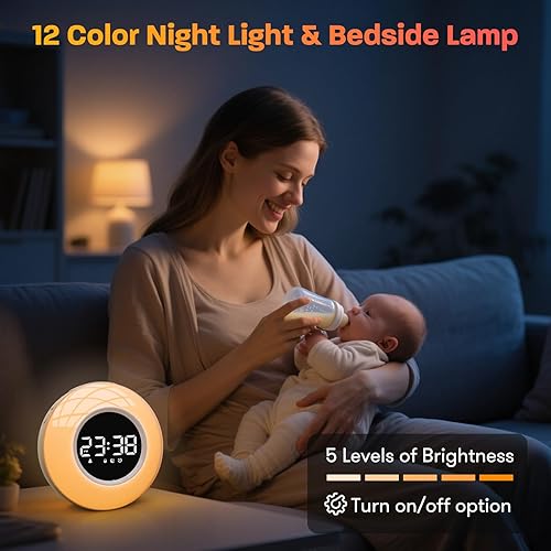 Miniatura 5 de Máquina de sonido de ruido blanco con 30 sonidos relajantes y luz de 12 colores, reloj despertador de amanecer luz de despertar, volumen ajustable y