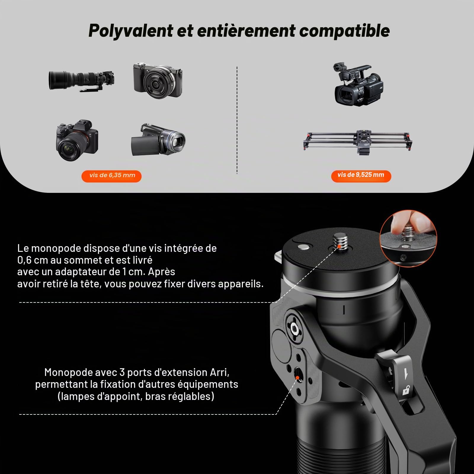 COMAN Monopode en Fibre de Carbone One-Touch est Un Monopode Léger pour Caméra de Voyage,Dispose de Pieds Inclinables avec Coque en Forme de U,tête Sphérique Capacité Maximale : 5kg