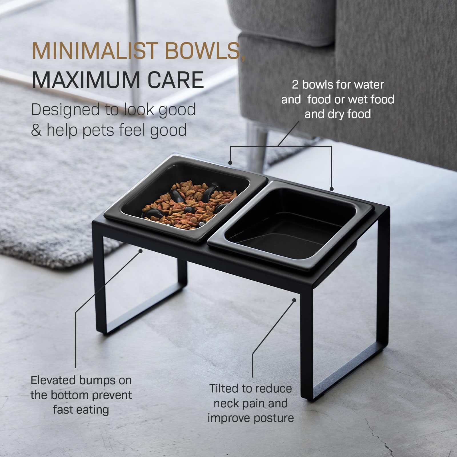 Yamazaki 10242 NOOKS Angeschrägte Futternäpfe mit Anti-Schling-Einsatz & Ständer, schwarz, Stahl/Silikon/Keramik, minimalistisch, 15,5 x 29 x 17,6 cm (L x B x H)