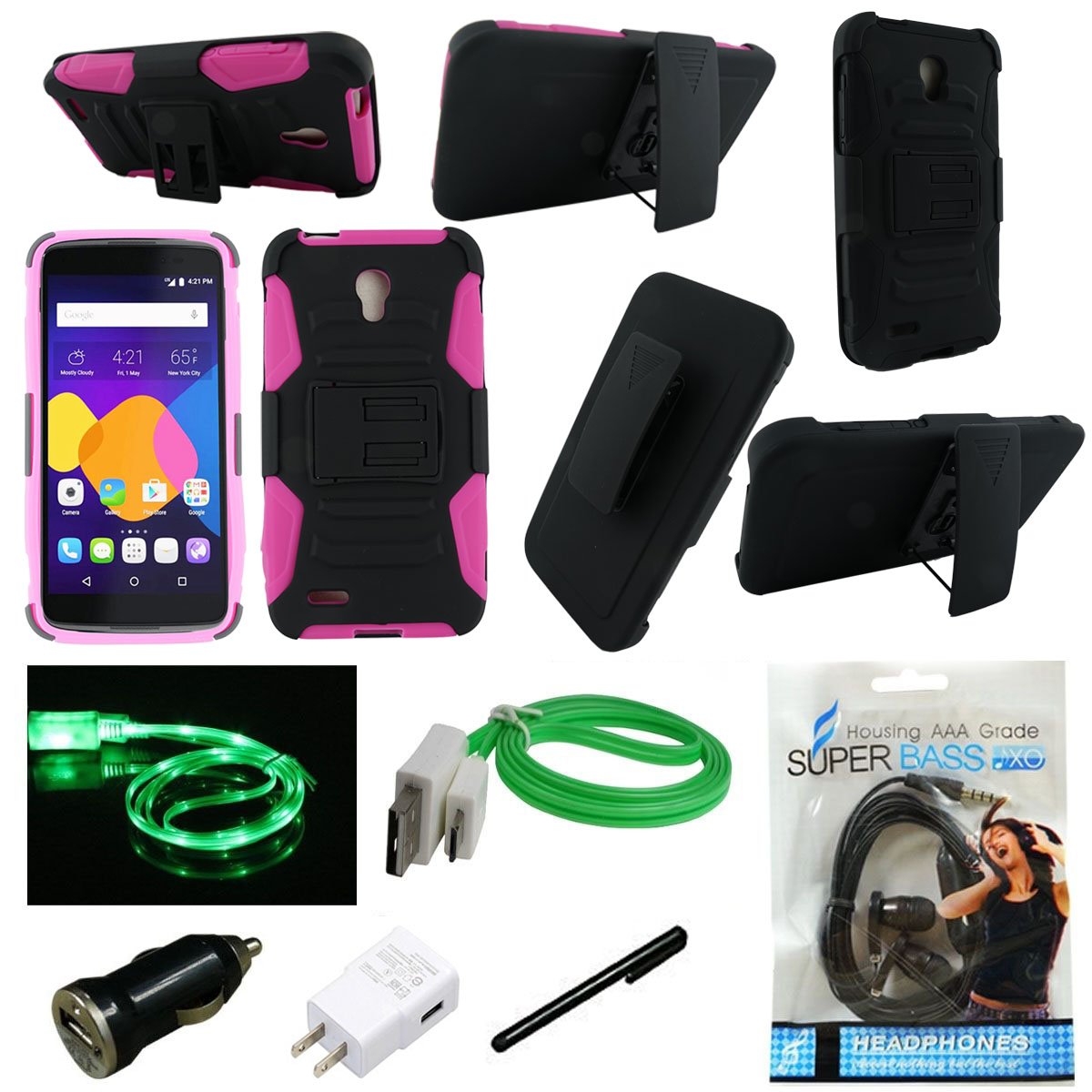 Alcatel OneTouch Conquest 7046T Case, Mstechcorp - Heavy Duty Hybrid Armor Dual Layer Rhino Kickstand Belt Clip Holster Combo Rugged Case - Includes Accessories (H Black Pink)