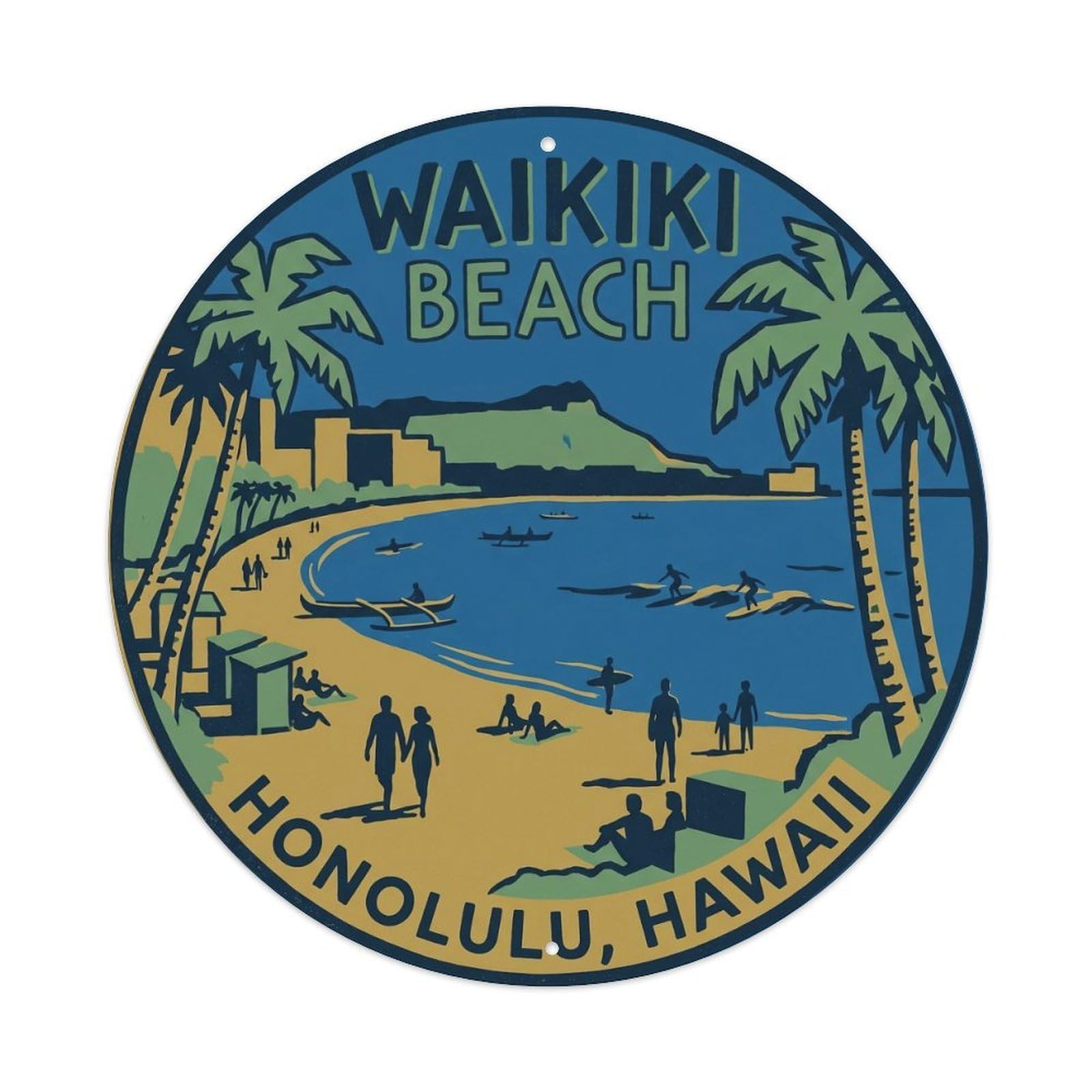 Waikiki Beach Palm Trees Hawaii Travel Surf Coast Metal Tin Sign