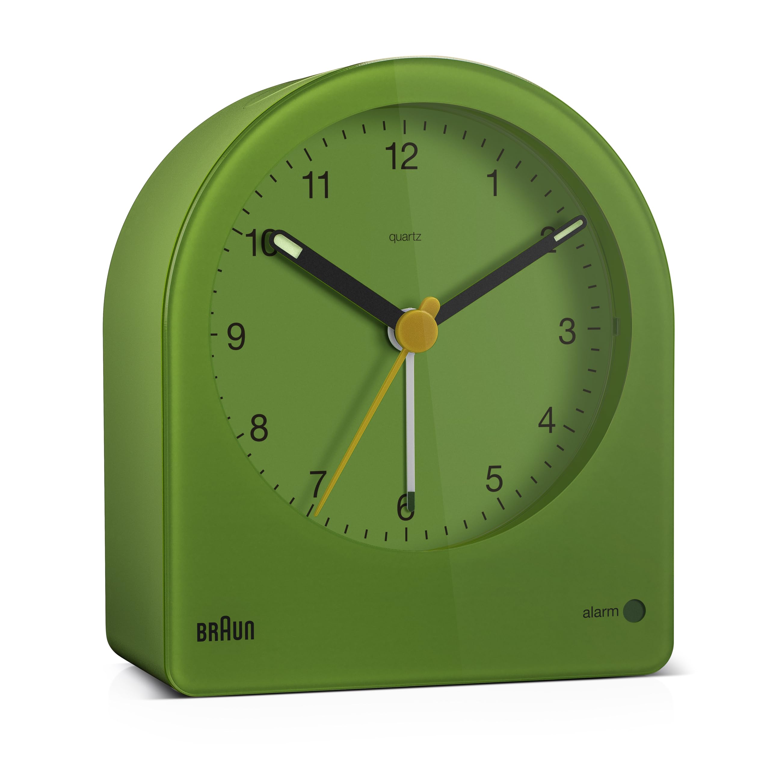 Braun Klassischer analoger Wecker mit Schlummerfunktion und kontinuierlicher Hintergrundbeleuchtung,leisem Quarzwerk, anschwellendem Alarm-Piepton in Grün, Modell BC22GN
