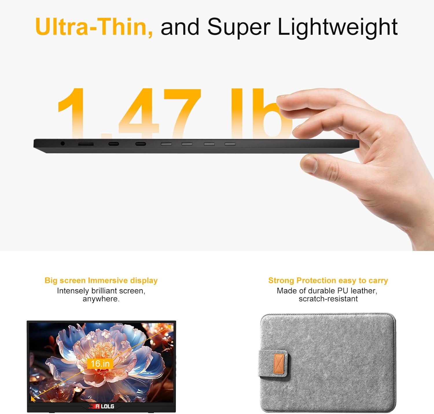 144Hz 16" Portable Monitor,1920×1200 FHD IPS Plug&Play Second External Monitor with USB-C Mini HDMI Port,Second Screen Compatible with PC Phone Mac Xbox PS4/5-Z8