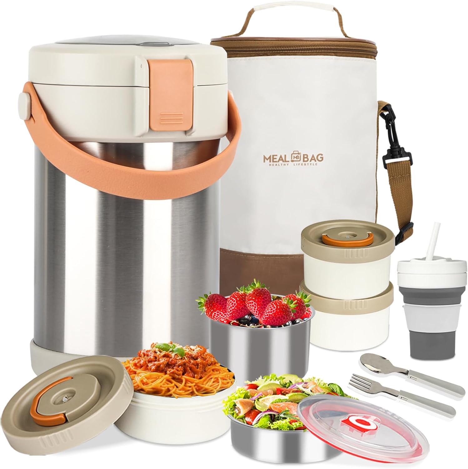 67oz Adults Thermo for Hot Food Kit 2L 9.06in 3 Layer Stainless Steel Vacuum Soup Food Thermo Hot Food Jar Bento Box for Men, Women, Suitable Insulated Lunch Box for 12+ Camping, Office & Travel Use stainless steels