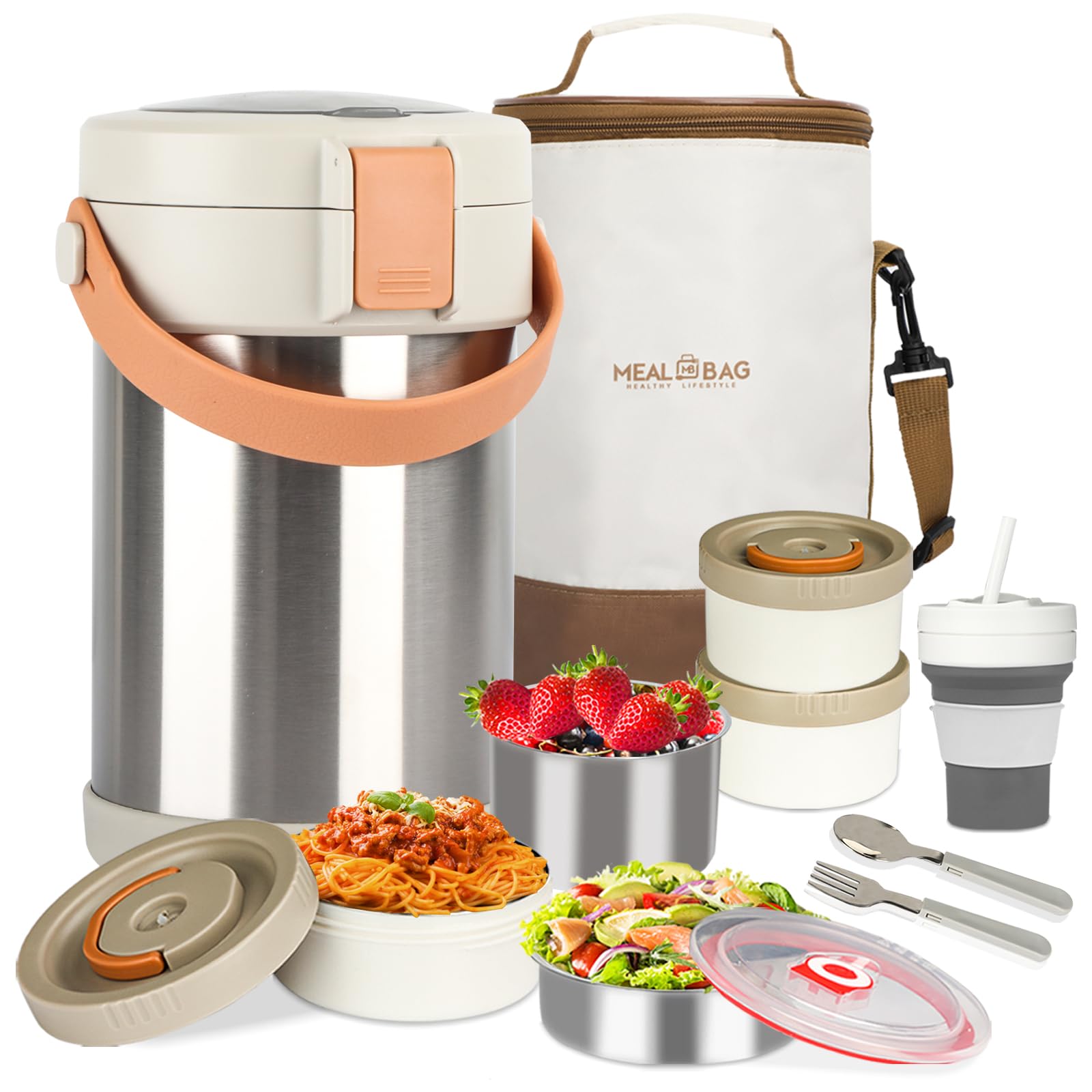 67oz Adults Thermo for Hot Food Kit 2L 9.06in 3 Layer Stainless Steel Vacuum Soup Food Thermo Hot Food Jar Bento Box for Men, Women, Suitable Insulated Lunch Box for 12+ Camping, Office & Travel Use