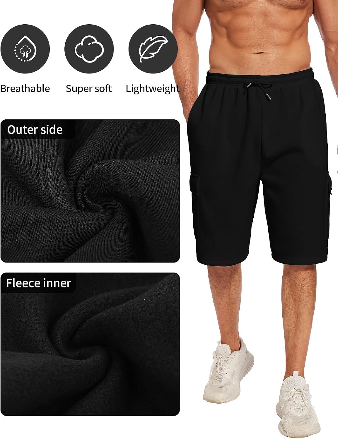 Mens Cargo Sweat Shorts Fleece Casual Athletic Workout Gym Jogger Shorts with 5 Pockets
